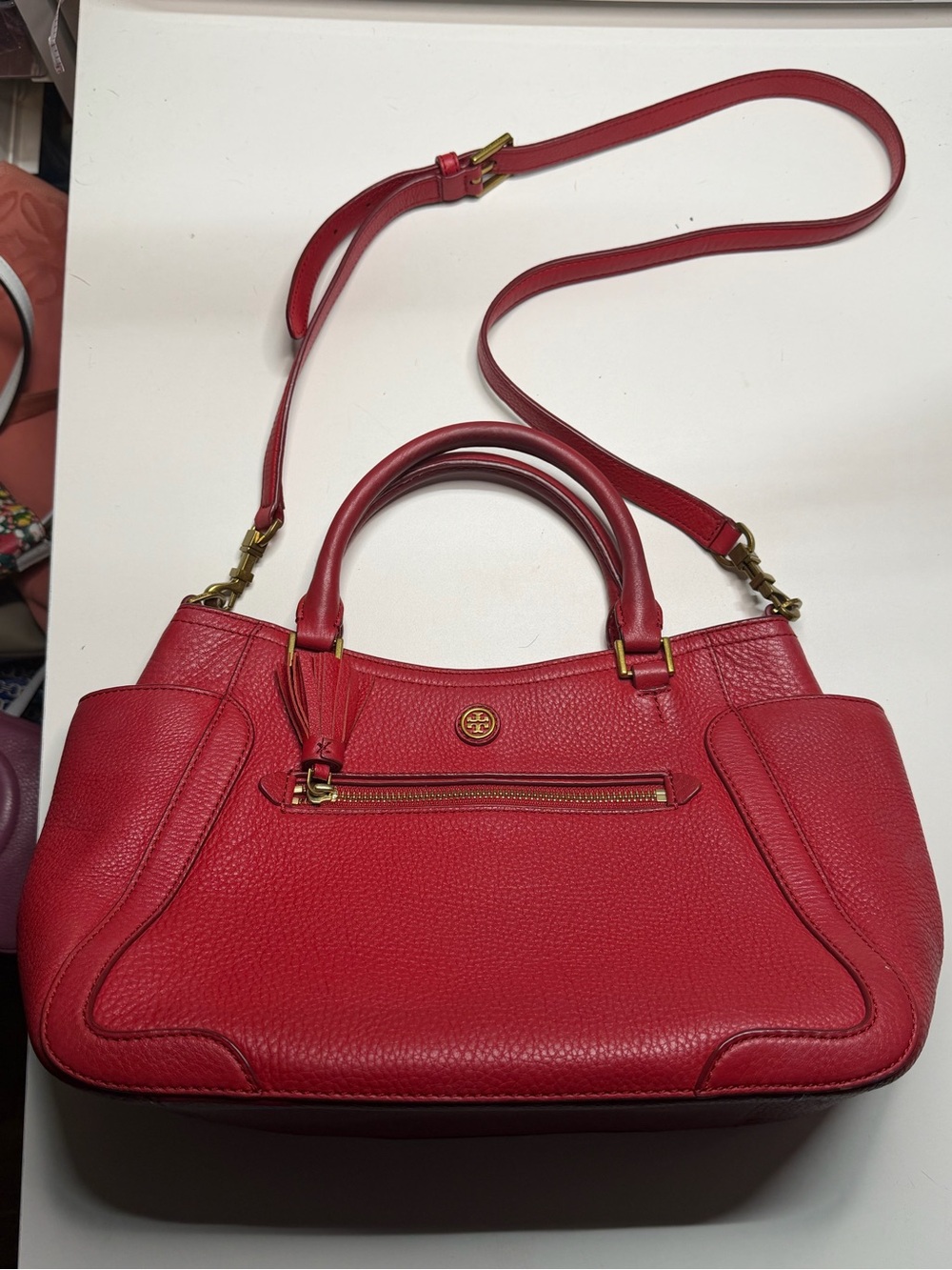 Tory Burch Red Pebbled Leather Satchel with Gold Hardware